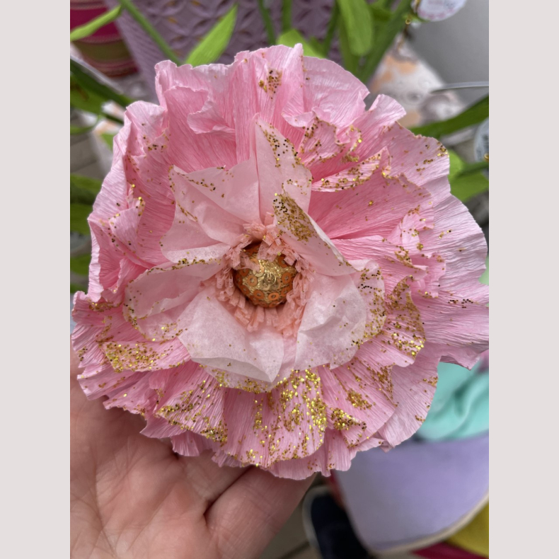 Hndfoldet papir blomst - pink med glimmer